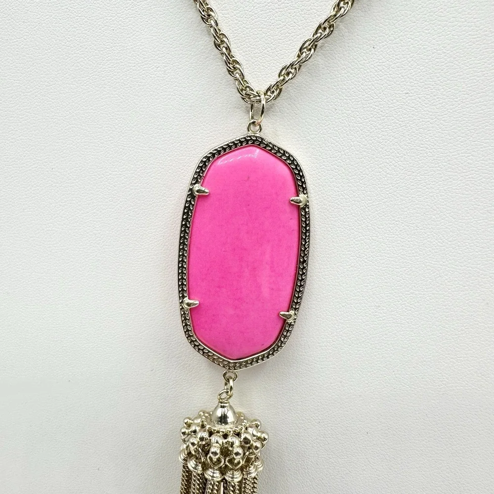 Kendra Scott Rayne Necklace Hot Pink Neon Tassel Pendant Long Goldtone Chain